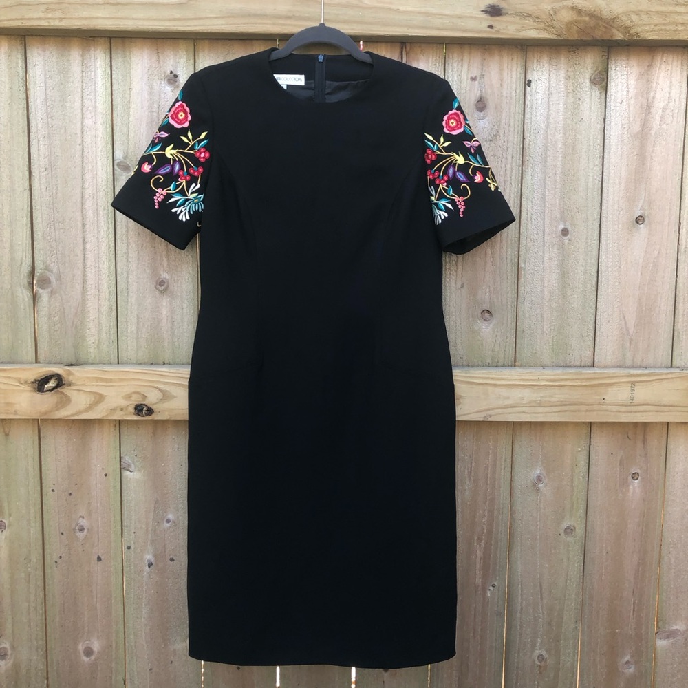 Anne Crimmins for UMI Vintage Embroidered Sheath Dress Size 6 Black Floral